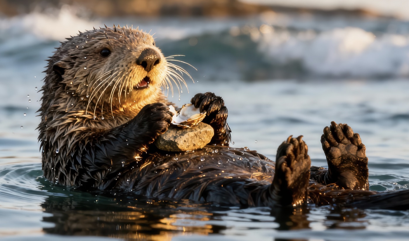 Une loutre de mer flotte sur le dos et utilise une pierre posée sur son ventre comme outil pour ouvrir un coquillage